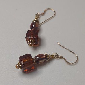 Amber Glass Square Earrings With 14KGF Hooks